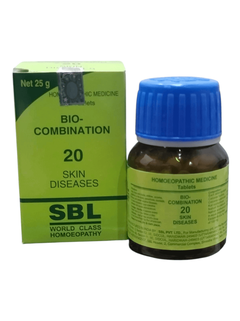 SBL Bio-Combination No. 20 homeopathic skin disease tablets, 25g packaging for skin conditions like eczema and rashes.