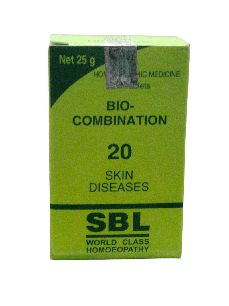 SBL Bio-Combination 20 homeopathic medicine for skin diseases, 25g packaging, aiding in skin conditions like eczema and pimples.