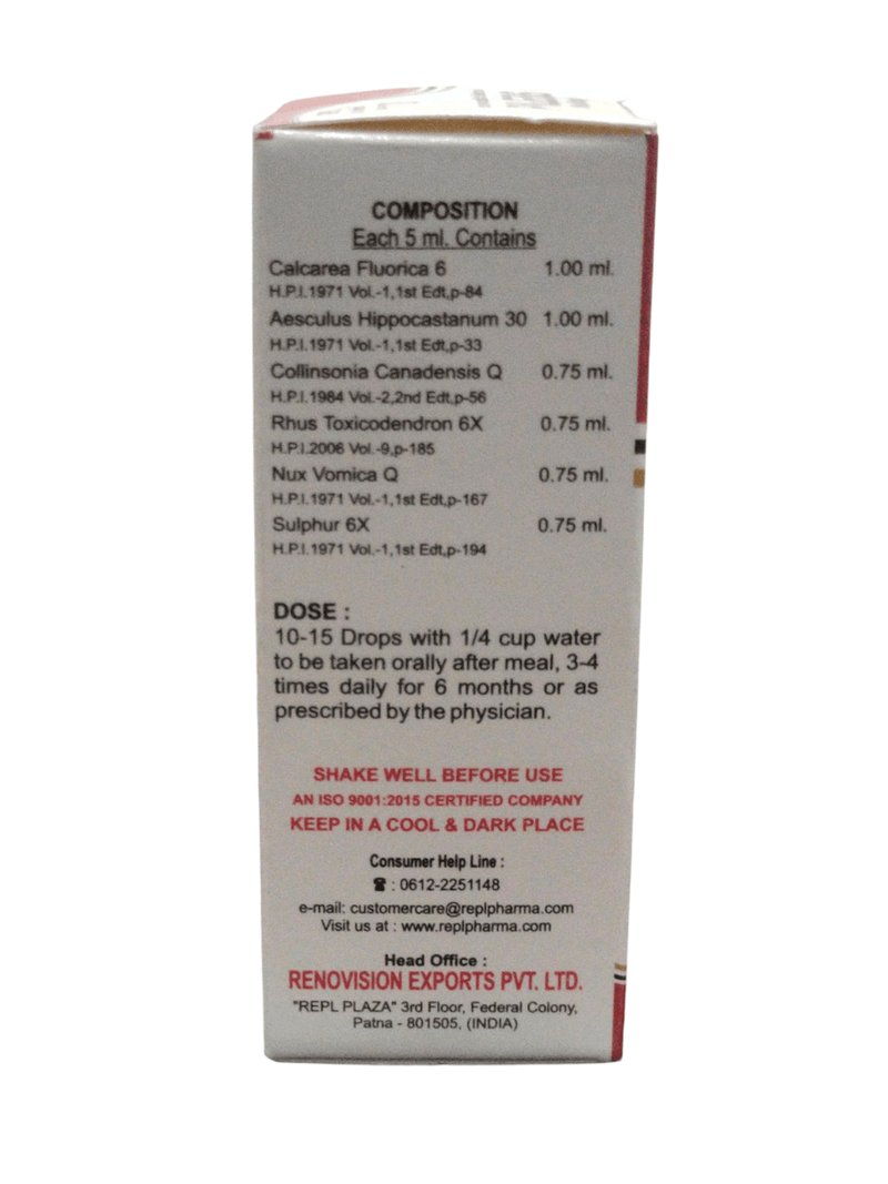 Ingredients list and dosage instructions for REPL Dr. Advice No. 78 PILESS homeopathic drops.