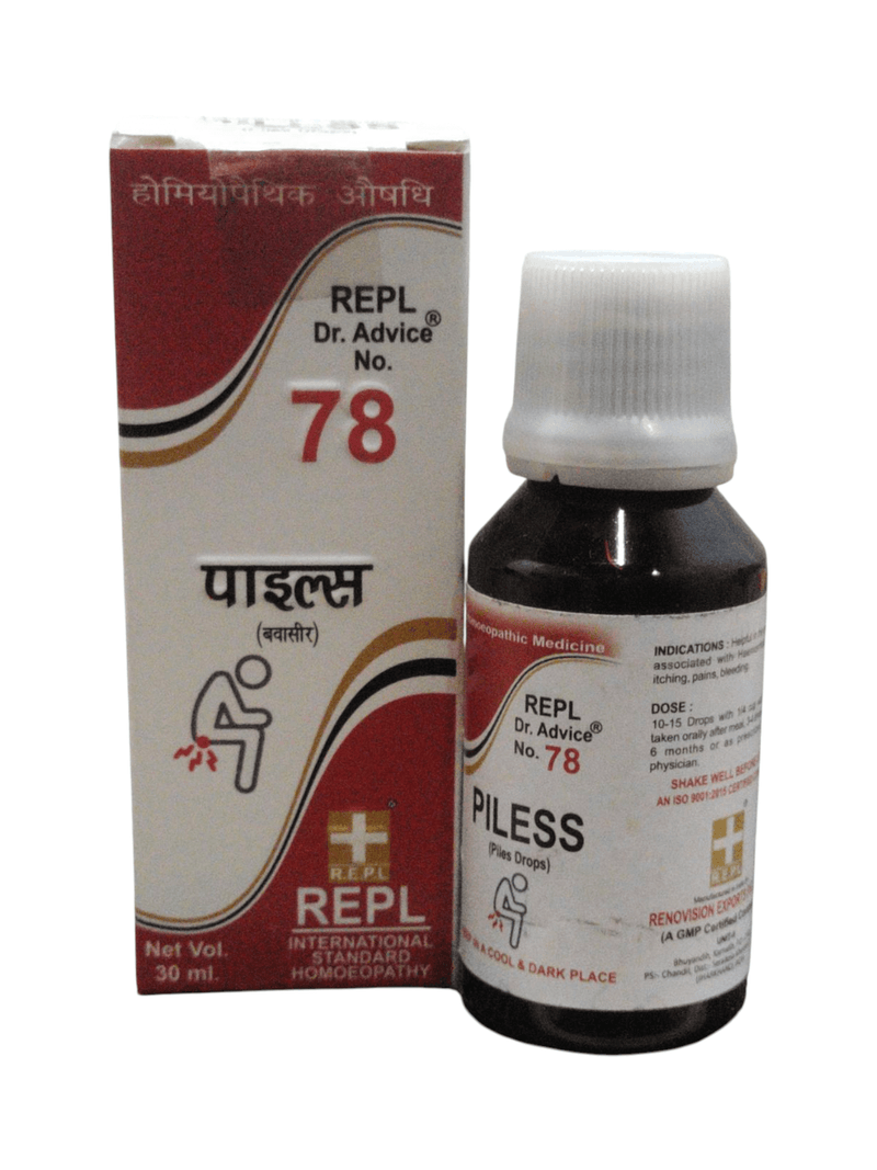 REPL Dr. Advice No. 78 PILESS homeopathic medicine for piles, 30ml bottle with packaging.