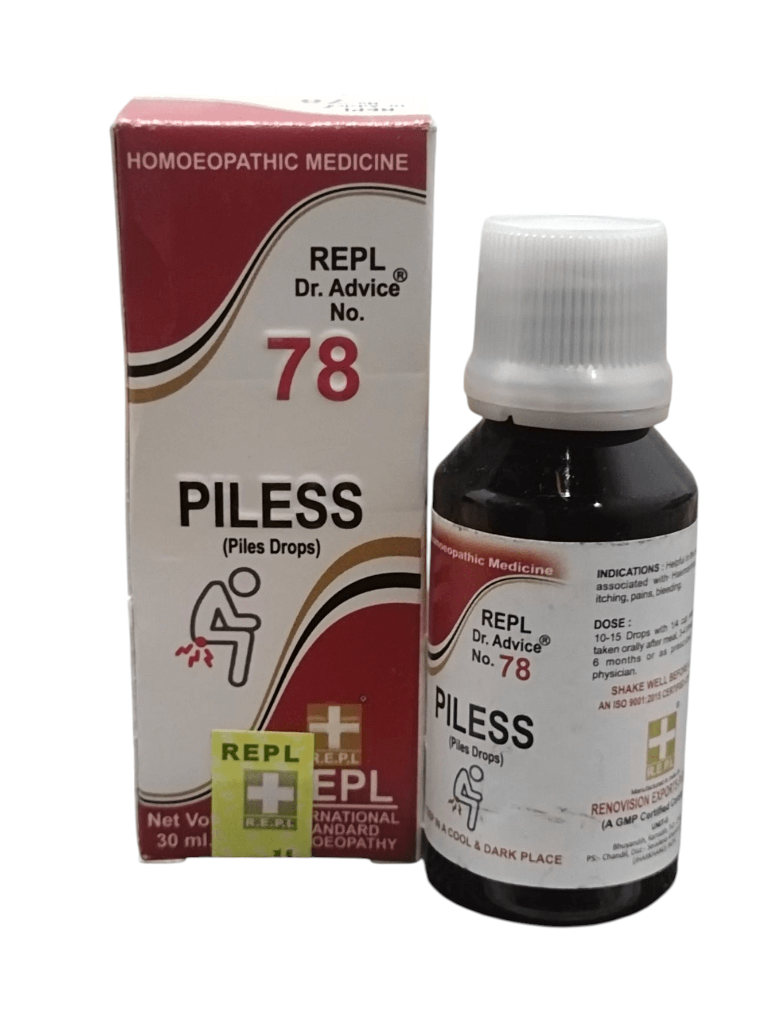 REPL Dr. Advice No. 78 PILESS homeopathic medicine for piles, 30ml bottle with packaging.