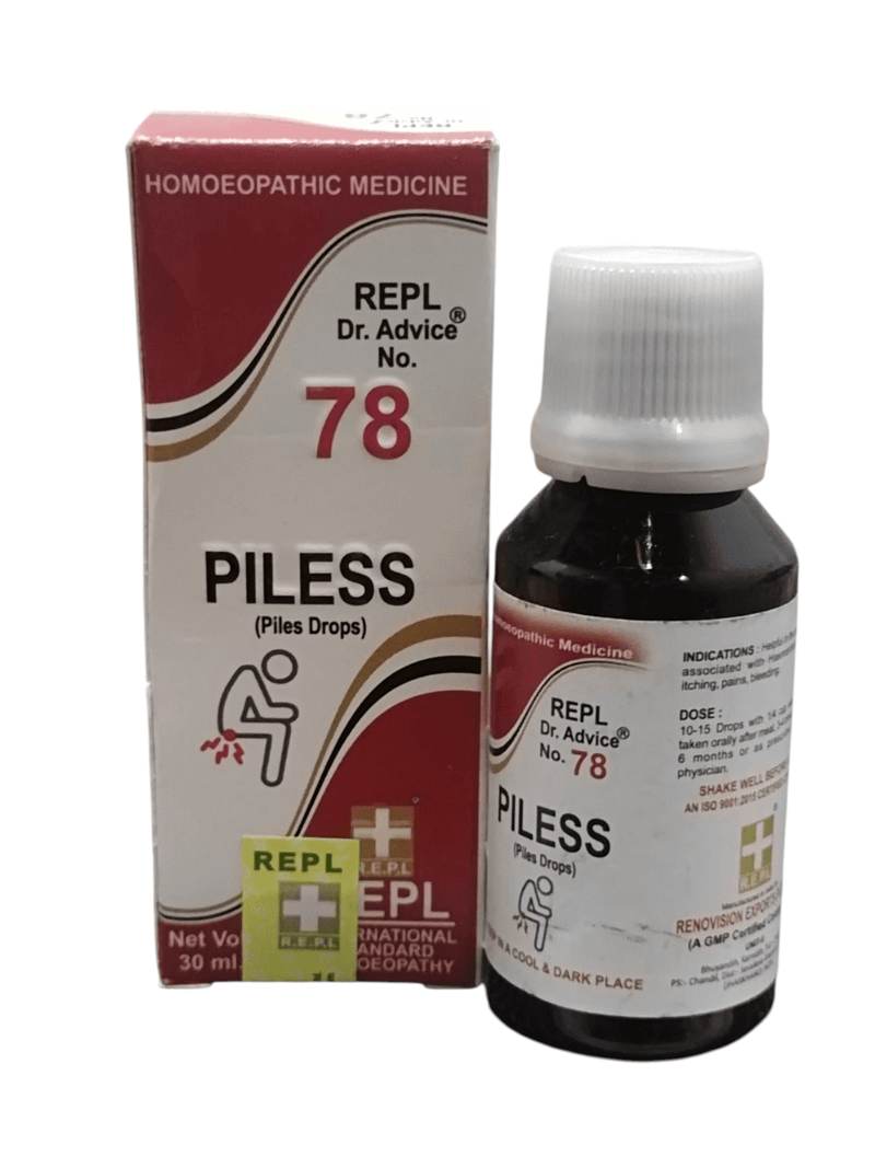 REPL Dr. Advice No. 78 PILESS homeopathic medicine for piles, 30ml bottle with packaging.