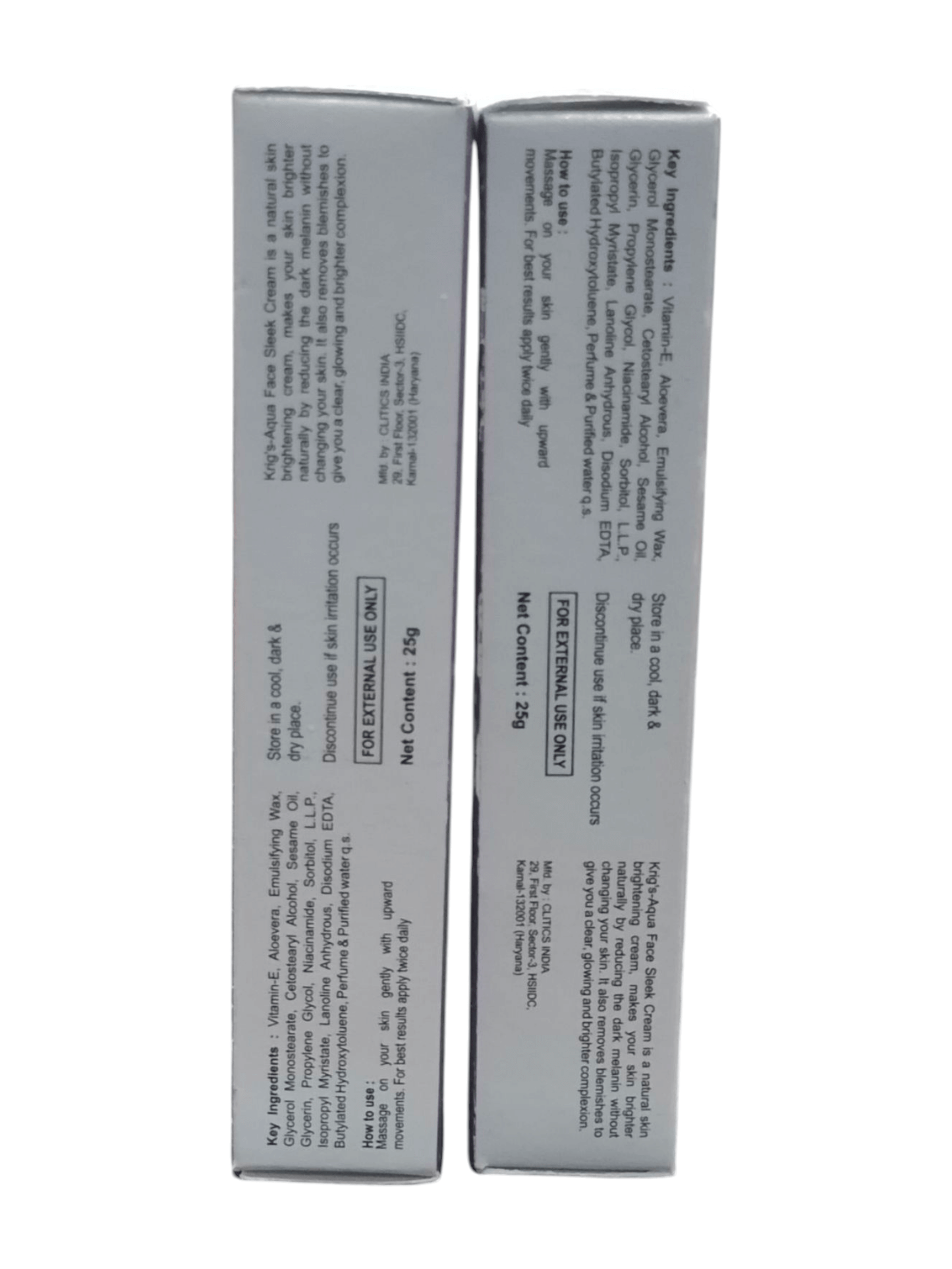 Packaging of KRIG'S Aqua Face Sleek Cream with Vitamin E, showcasing ingredients and usage instructions.