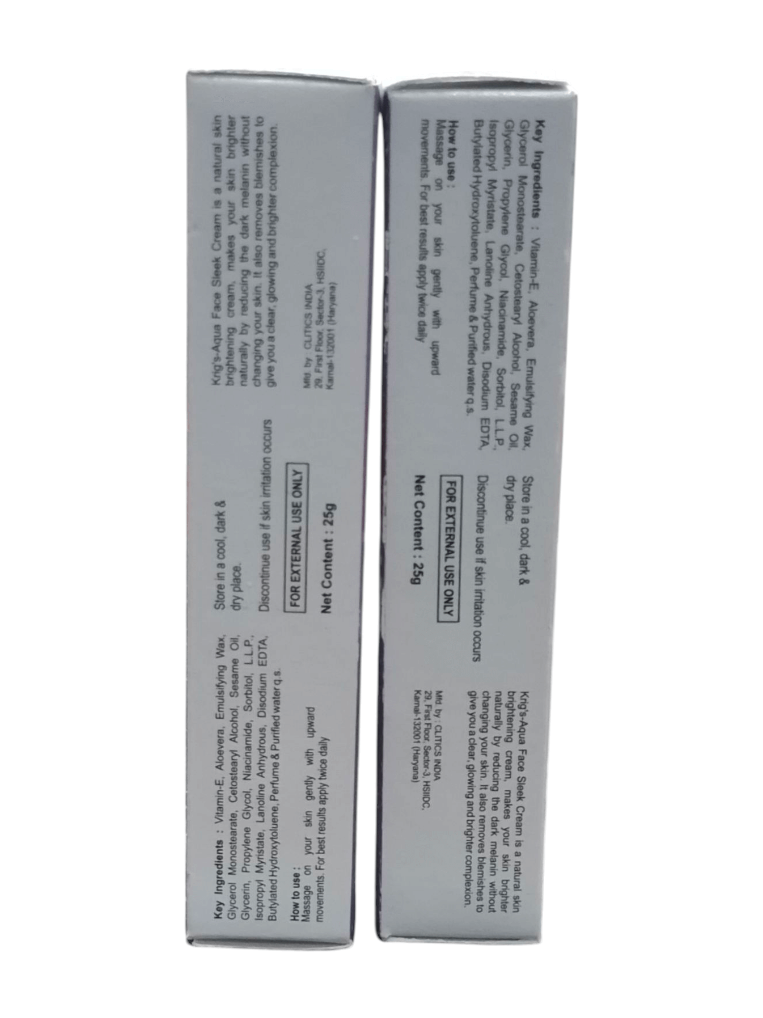 Packaging of KRIG'S Aqua Face Sleek Cream with Vitamin E, showcasing ingredients and usage instructions.