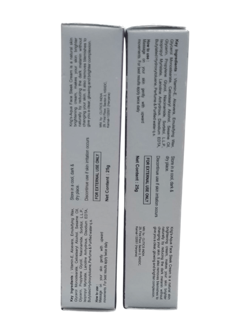 Packaging of KRIG'S Aqua Face Sleek Cream with Vitamin E, showcasing ingredients and usage instructions.