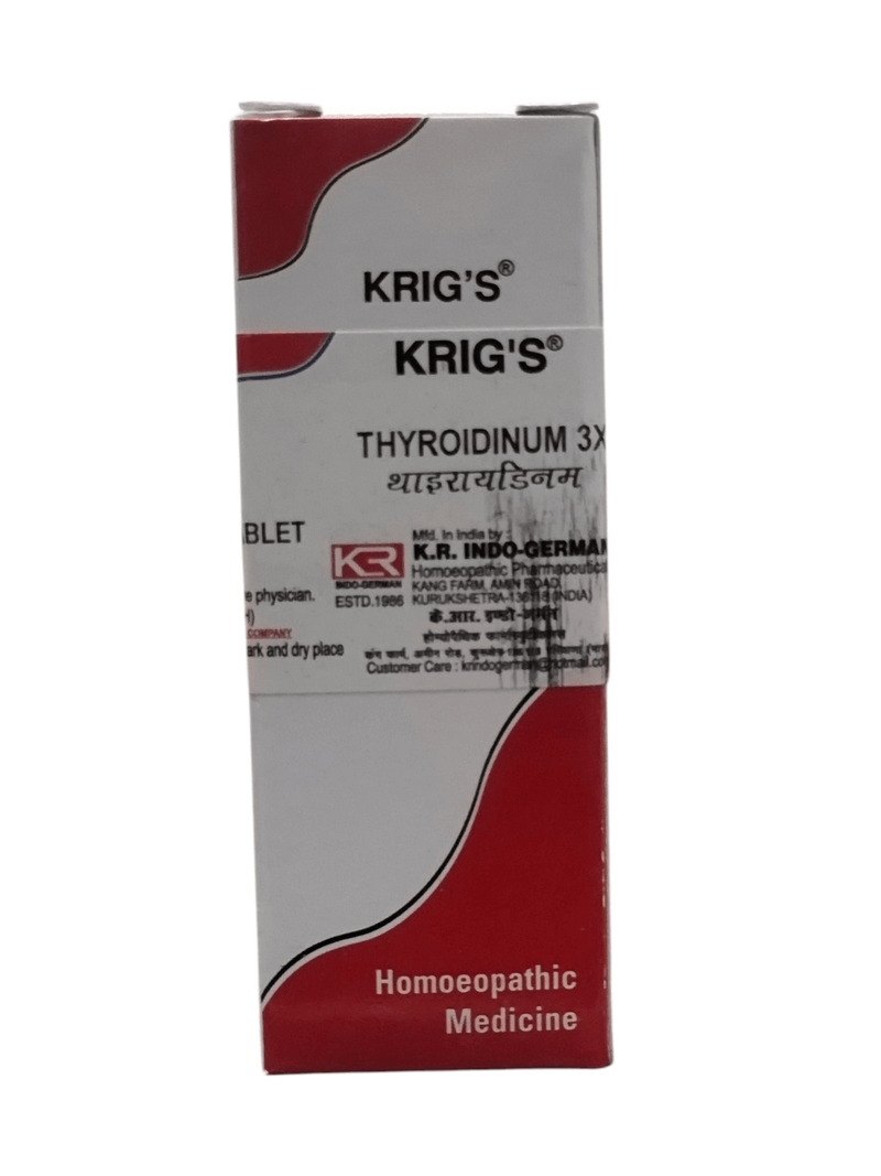 KRIG'S THYROIDINUM 3X homeopathic medicine tablet packaging, 25g, supports thyroid function and metabolism.