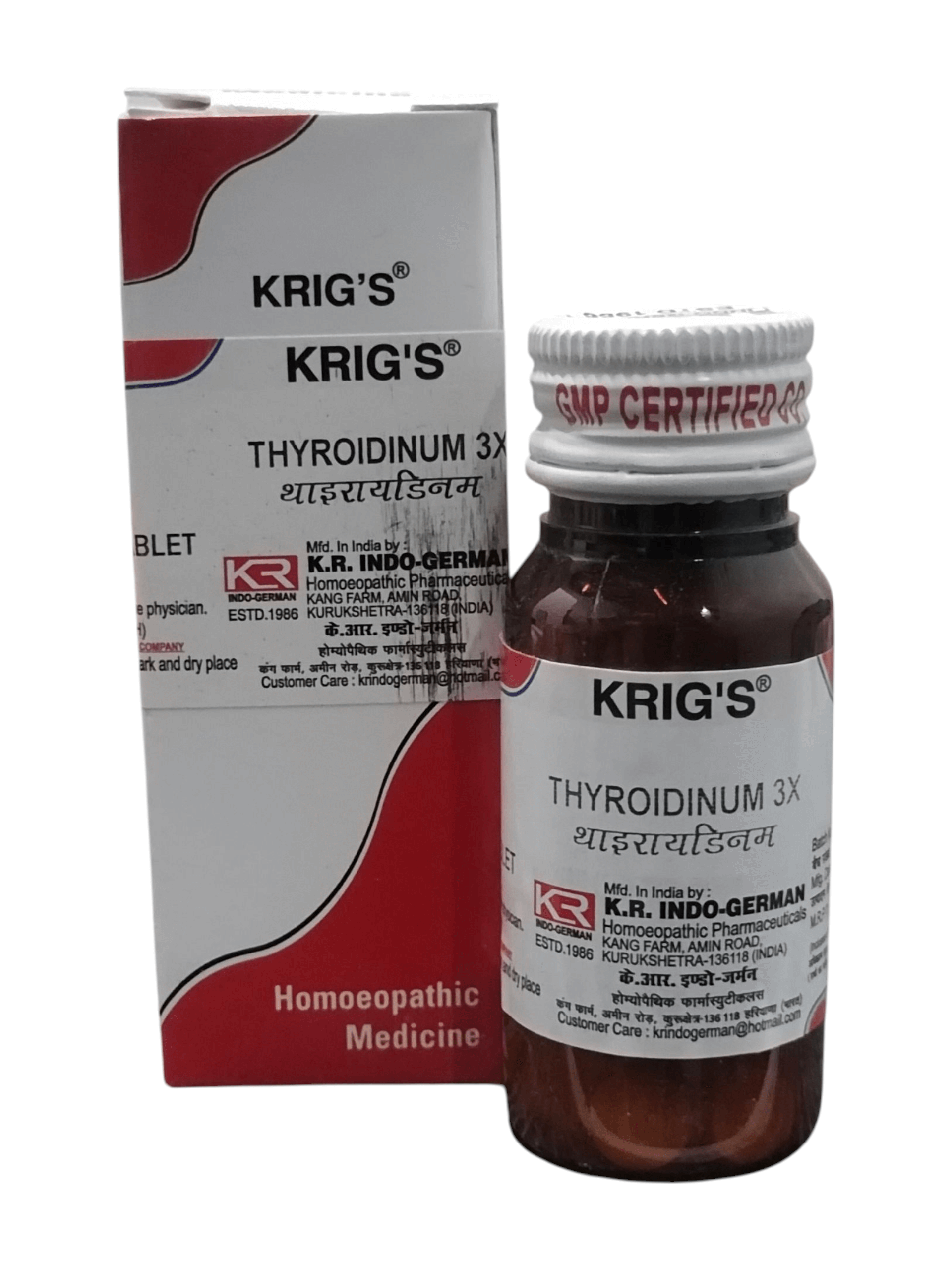 KRIG'S THYROIDINUM 3X homeopathic tablets in a bottle with packaging, supporting thyroid function and metabolism.