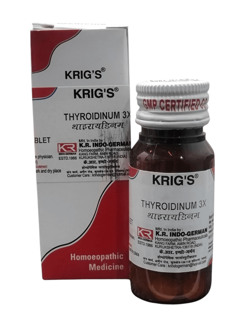KRIG'S THYROIDINUM 3X homeopathic tablets in a bottle with packaging, supporting thyroid function and metabolism.