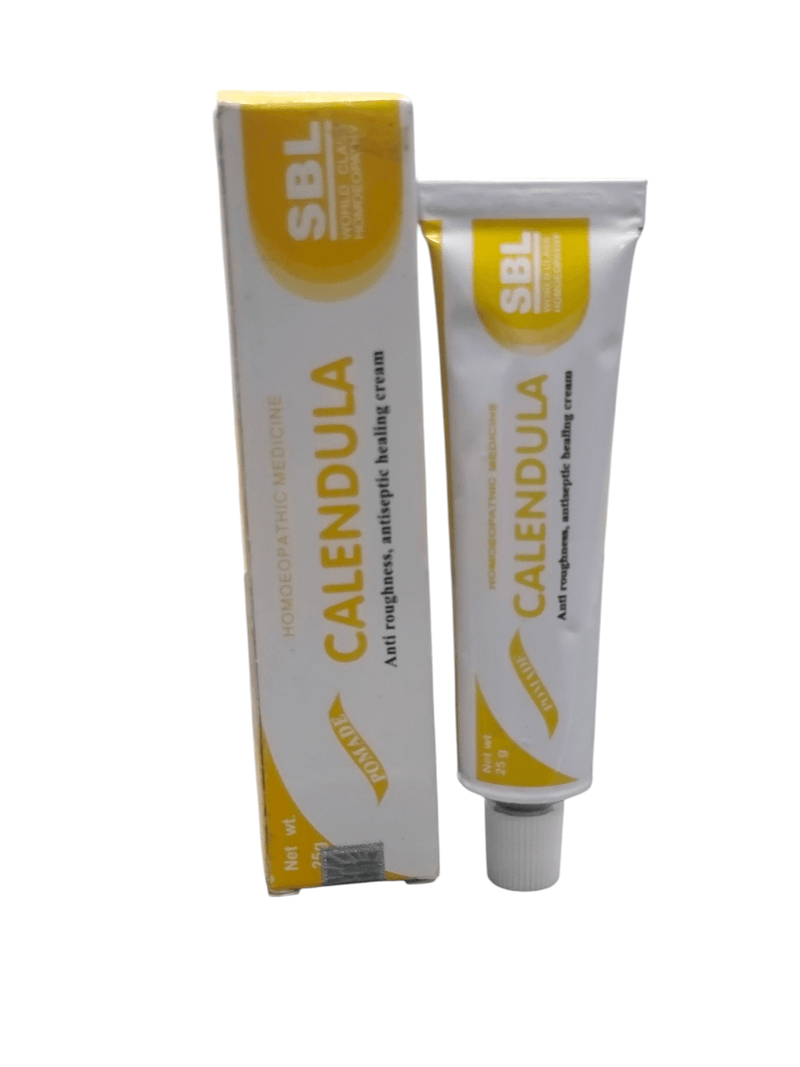 SBL Calendula Ointment 25g tube with packaging, homeopathic healing cream for antiseptic and anti-inflammatory care.