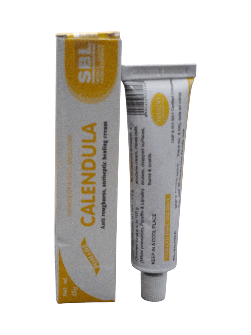 SBL Calendula Ointment 25g tube and box, homeopathic healing cream with antiseptic properties.