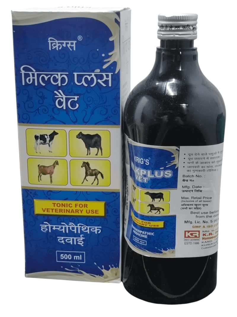 KRIG'S MILKPLUS VET 500ml homeopathic veterinary tonic for milk production with packaging.
