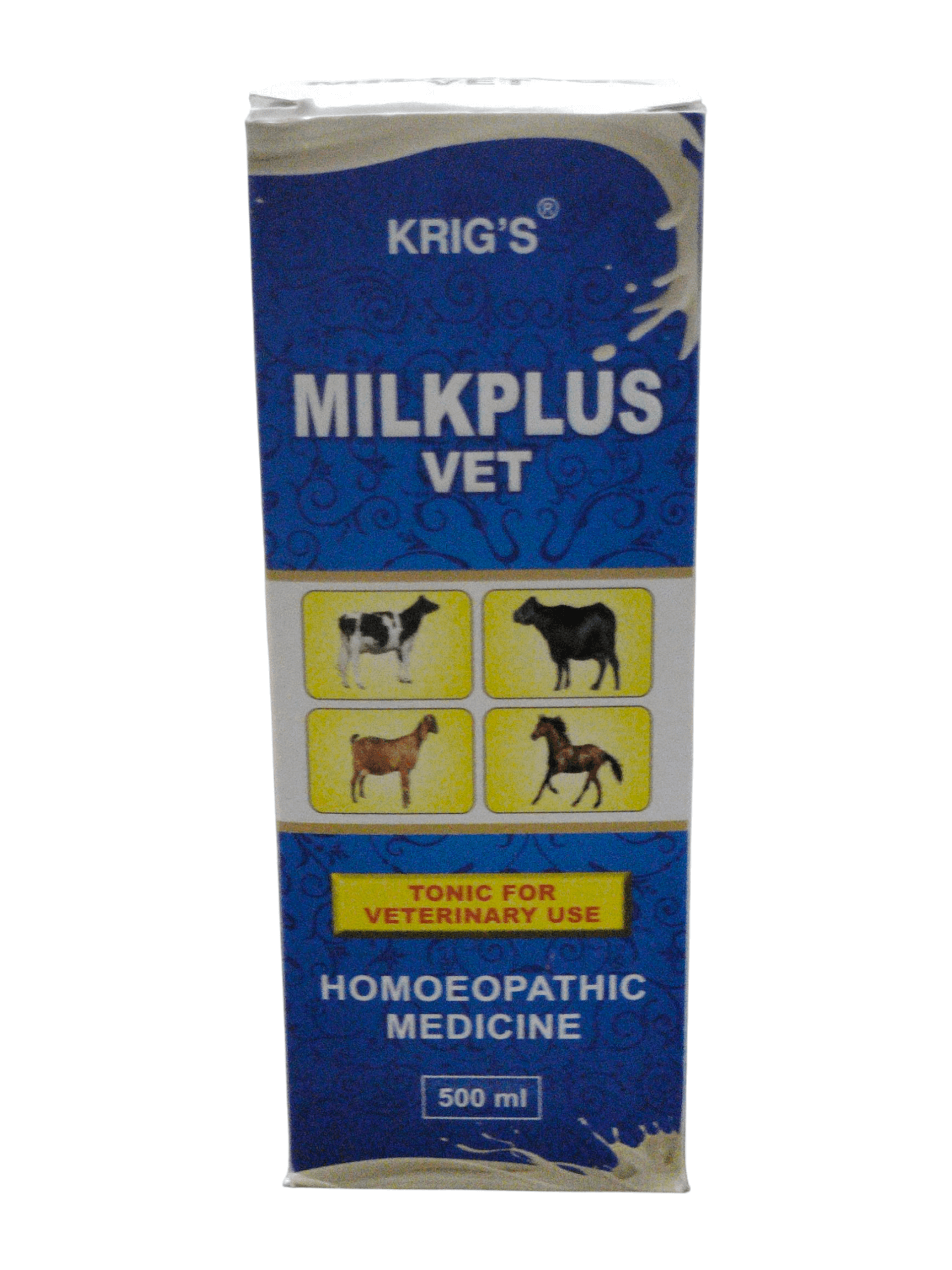 Krig's MilkPlus Vet homeopathic tonic for veterinary use, 500ml packaging for enhanced milk production.