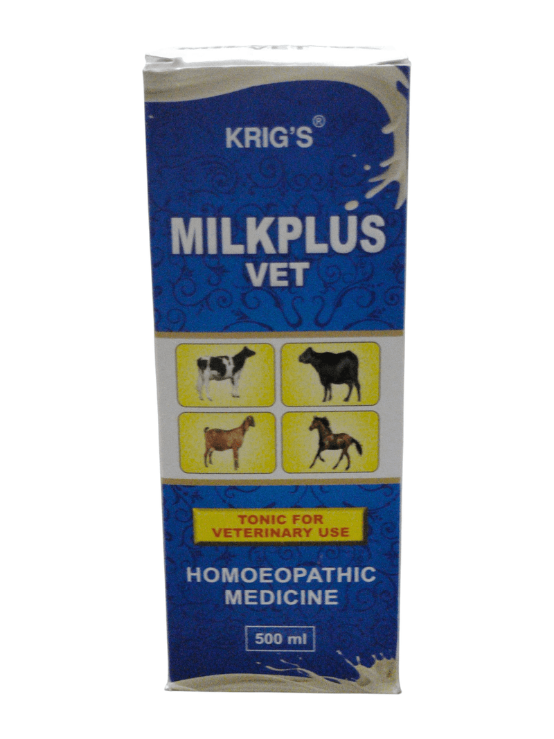 Krig's MilkPlus Vet homeopathic tonic for veterinary use, 500ml packaging for enhanced milk production.