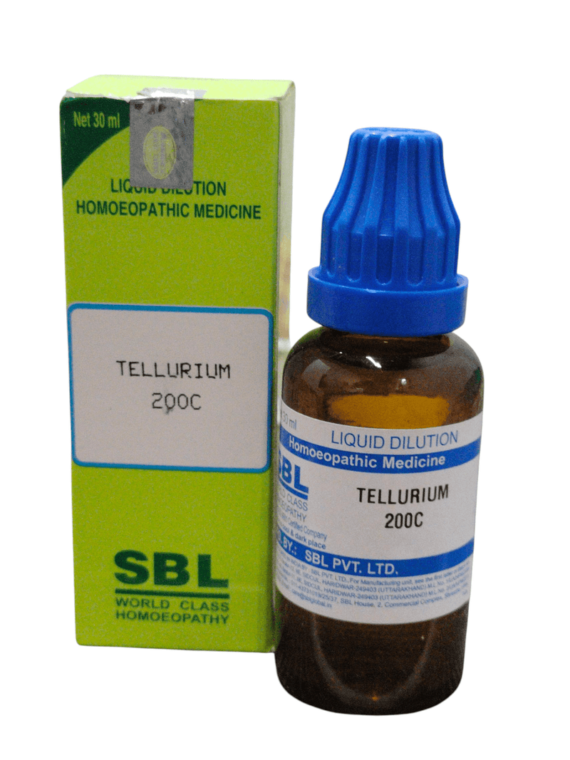 SBL Tellurium Dilution 200CH 30ml homeopathic medicine bottle and packaging.