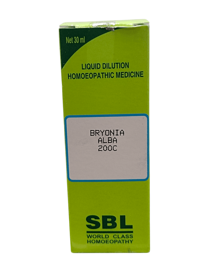 SBL Bryonia Alba 200CH homeopathic dilution 30ml packaging with liquid dilution label.