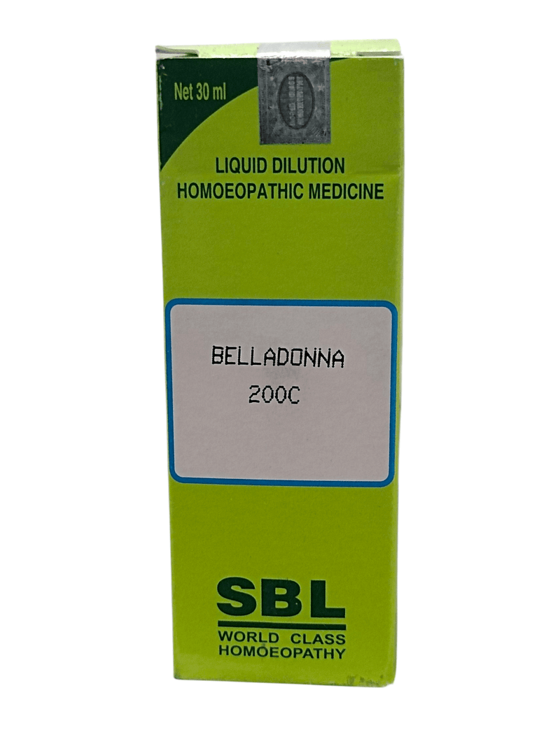 SBL Belladonna 200C homeopathic dilution liquid medicine 30ml packaging with green design.