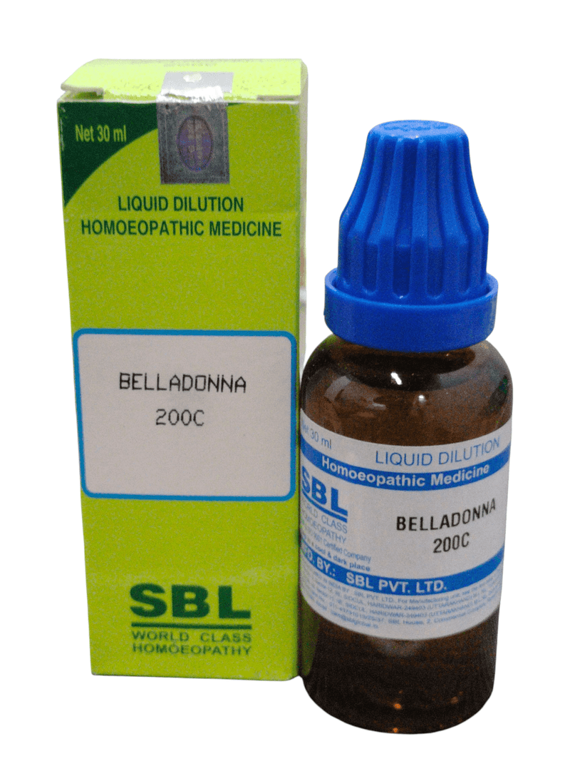 SBL Belladonna 200C homeopathic dilution 30ml bottle and packaging, used for acute inflammatory conditions.