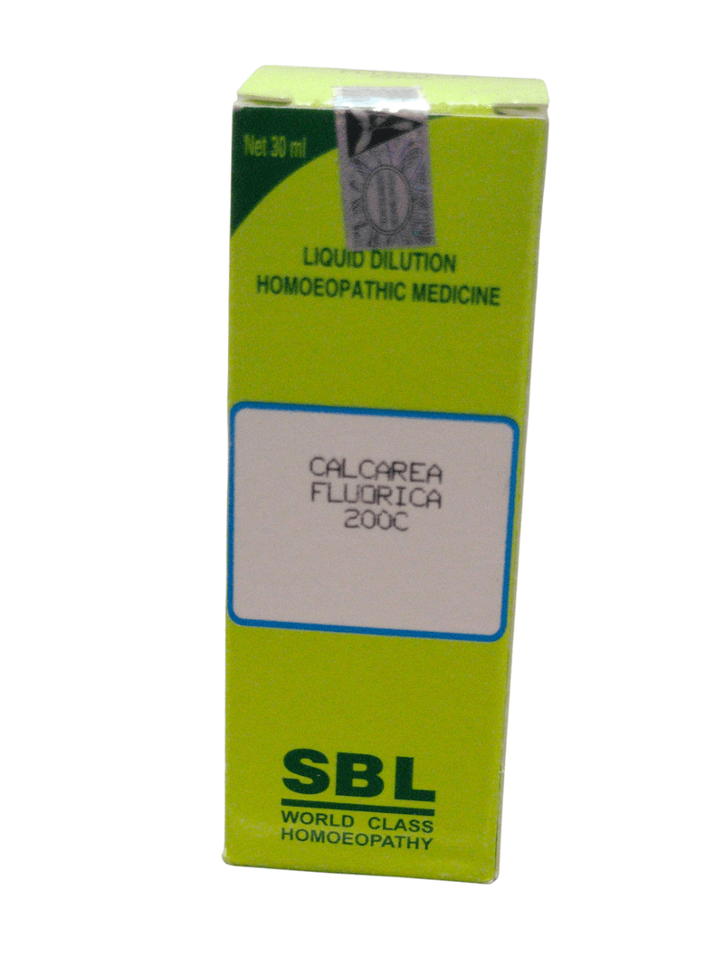SBL Calcarea Fluorica 200C homeopathic dilution bottle, 30ml packaging, vibrant green design.