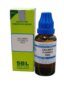 SBL Calcarea Fluorica 200C homeopathic dilution 30ml bottle and box for health benefits.