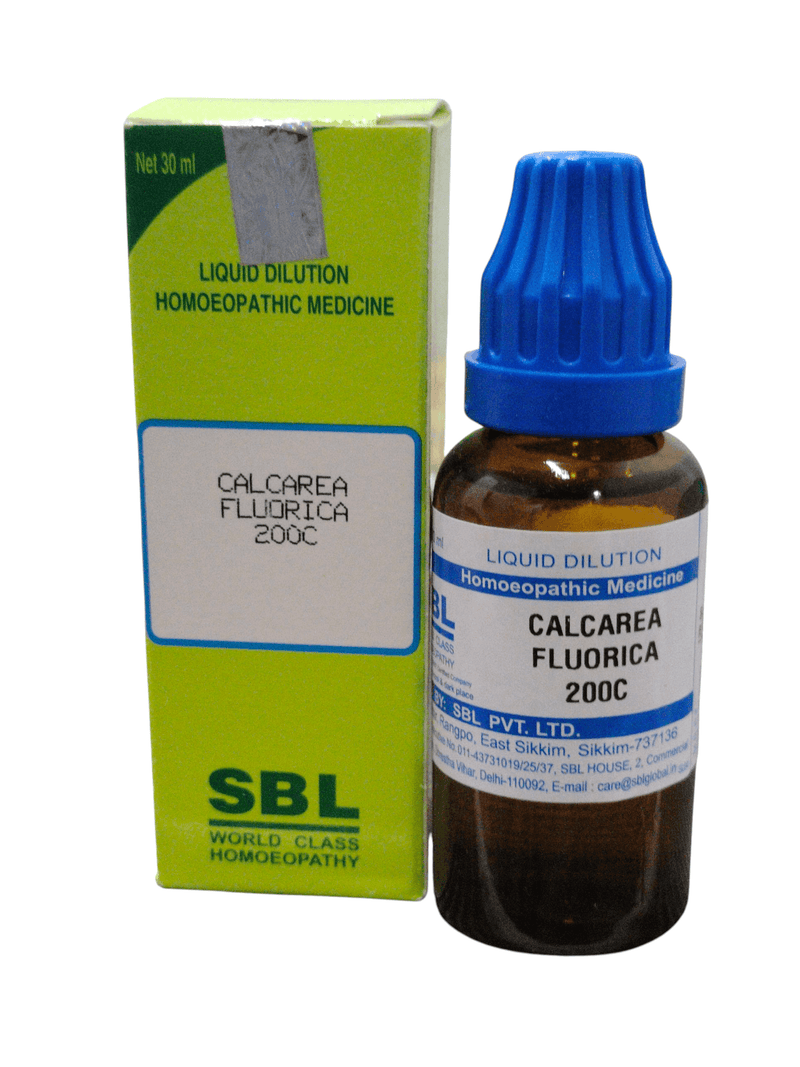 SBL Calcarea Fluorica 200C homeopathic dilution 30ml bottle and box for health benefits.