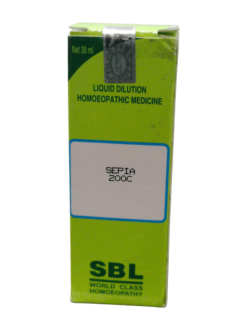 SBL Sepia 200C homeopathic dilution 30ml bottle for women's health conditions.