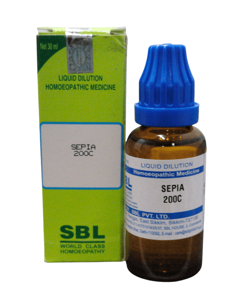 SBL Sepia 200C homeopathic dilution 30ml bottle with green packaging, used for women's health issues.