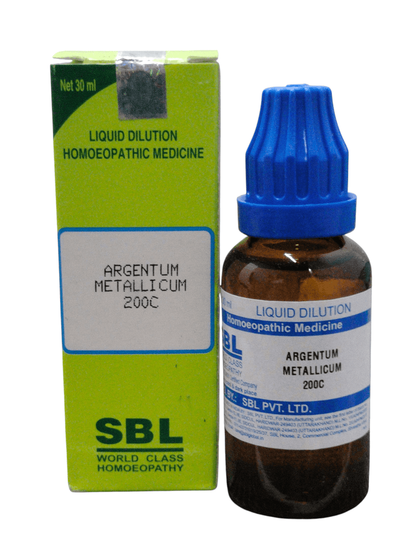 SBL Argentum Metallicum 200C homeopathic dilution 30ml bottle and box for nervous system and throat health.