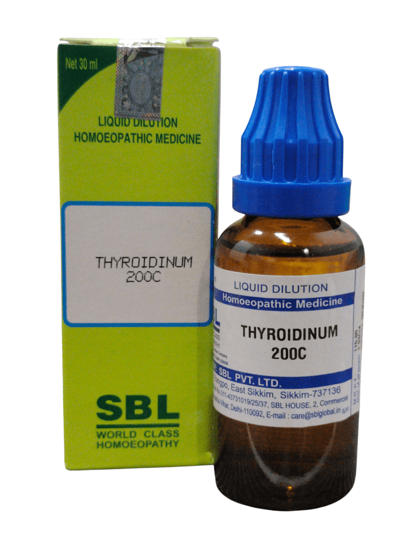SBL Thyroidinum 200C homeopathic dilution 30ml bottle with packaging, supports thyroid health.