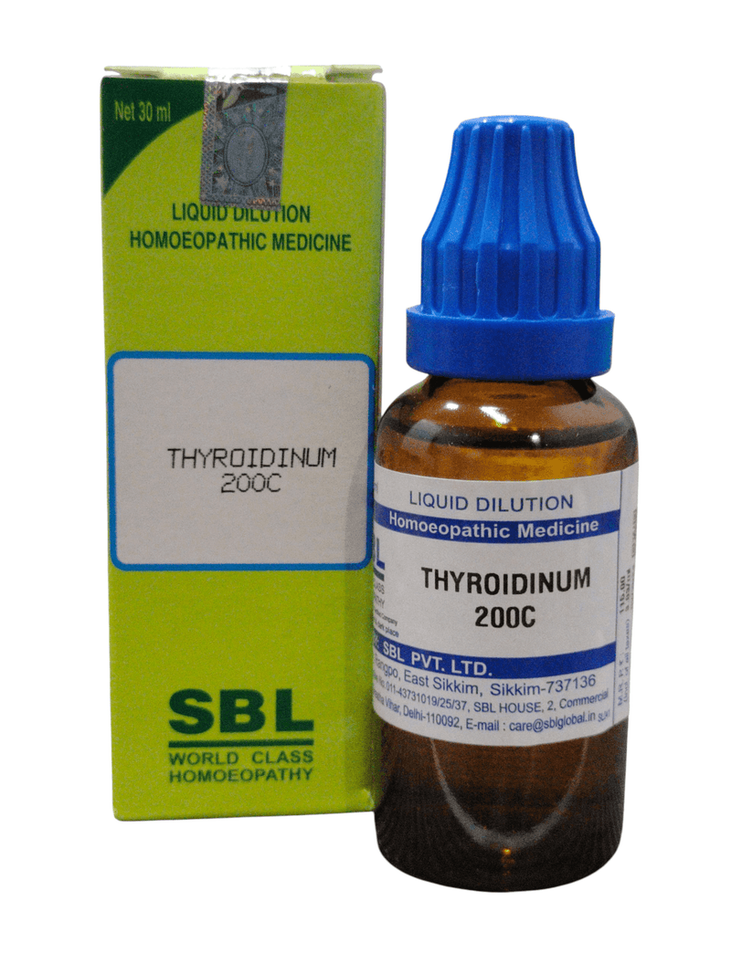 SBL Thyroidinum 200C homeopathic dilution 30ml bottle with packaging, supports thyroid health.