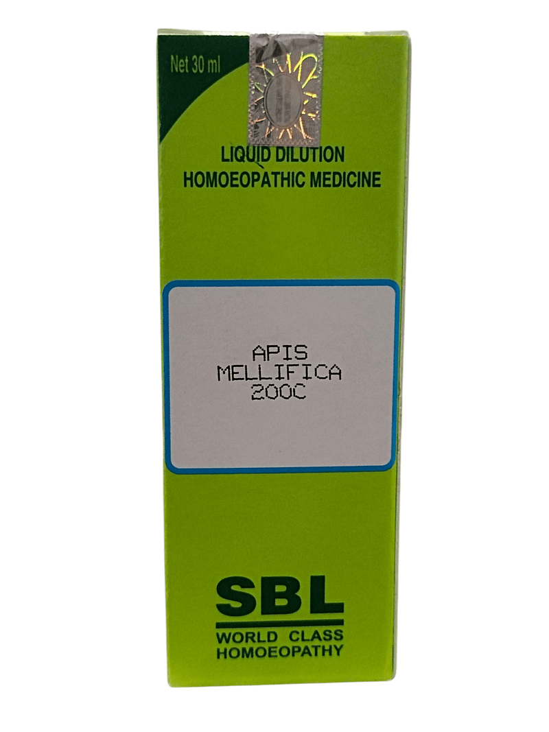 SBL Apis Mellifica 200C homeopathic dilution 30ml packaging with green design and label.