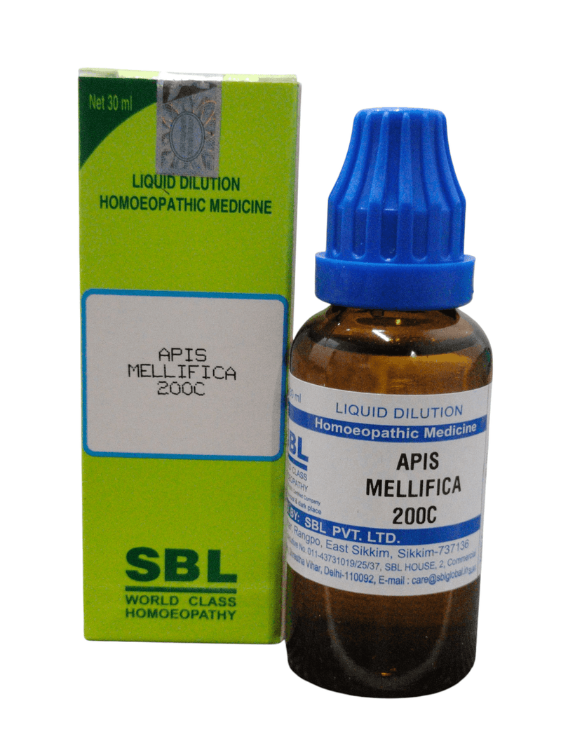 SBL Apis Mellifica 200C homeopathic dilution 30ml bottle with packaging for allergy and inflammation relief.
