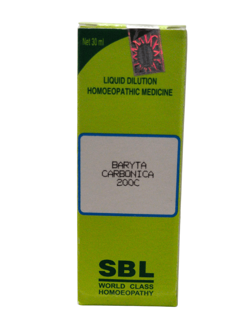 SBL Baryta Carbonica 200C homeopathic dilution 30ml, a remedy for physical and mental weakness, packaged in a green box.