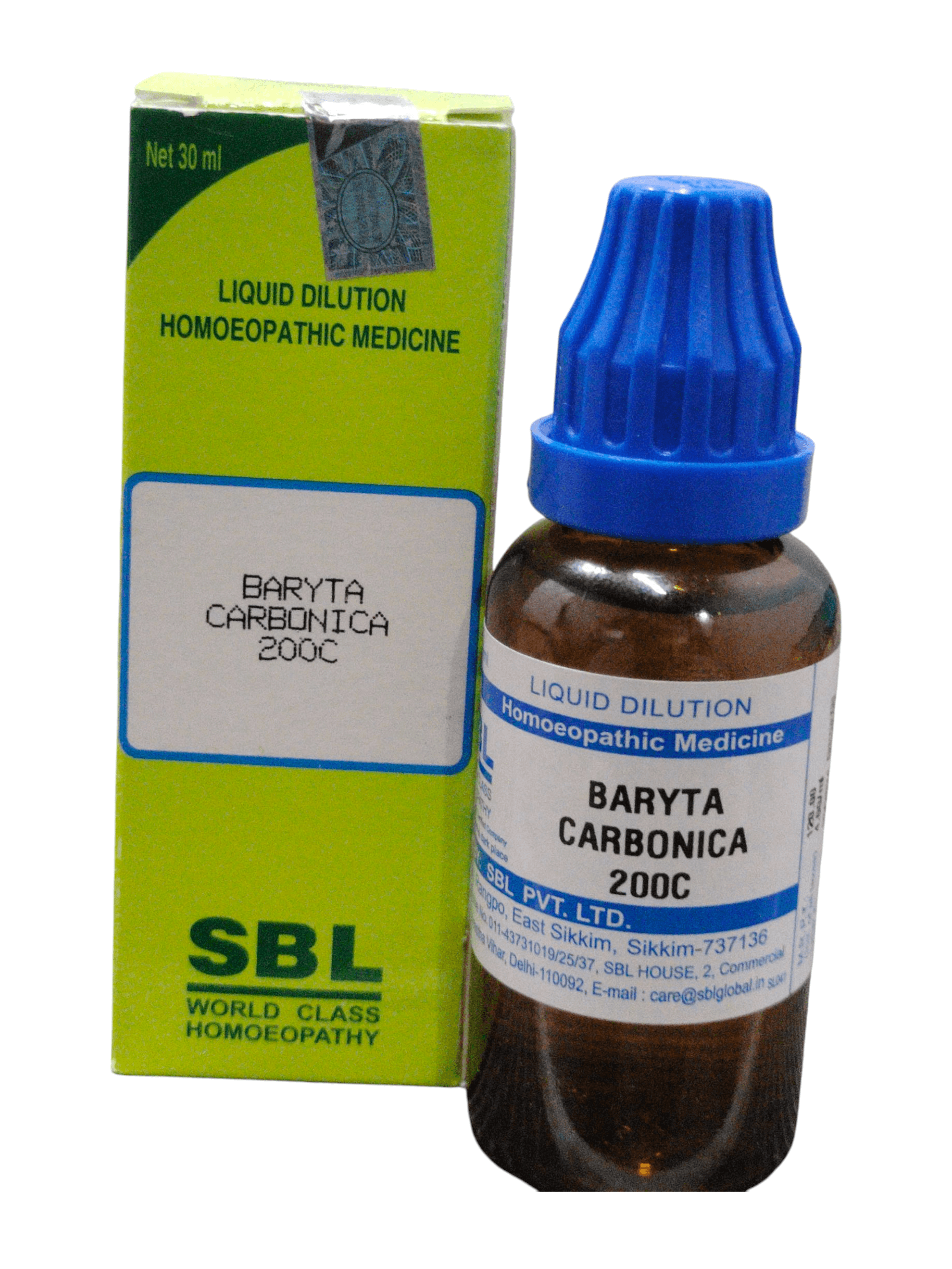 SBL Baryta Carbonica 200C homeopathic dilution, 30ml bottle and packaging.