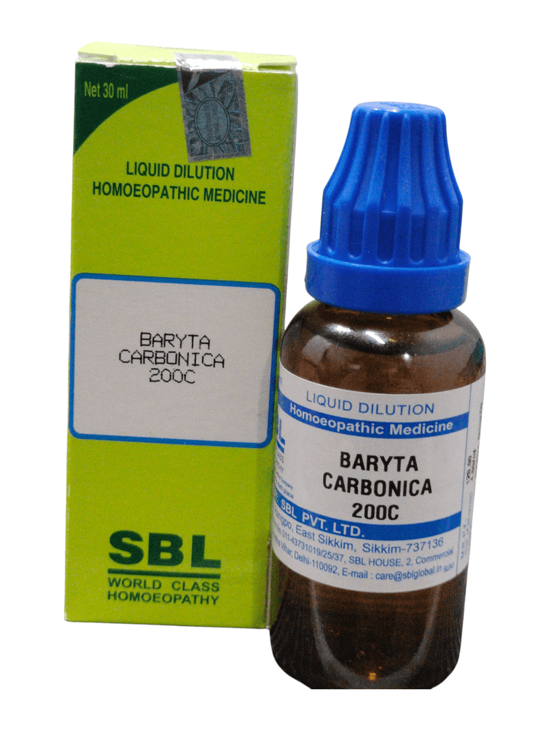 SBL Baryta Carbonica 200C homeopathic dilution, 30ml bottle and packaging.