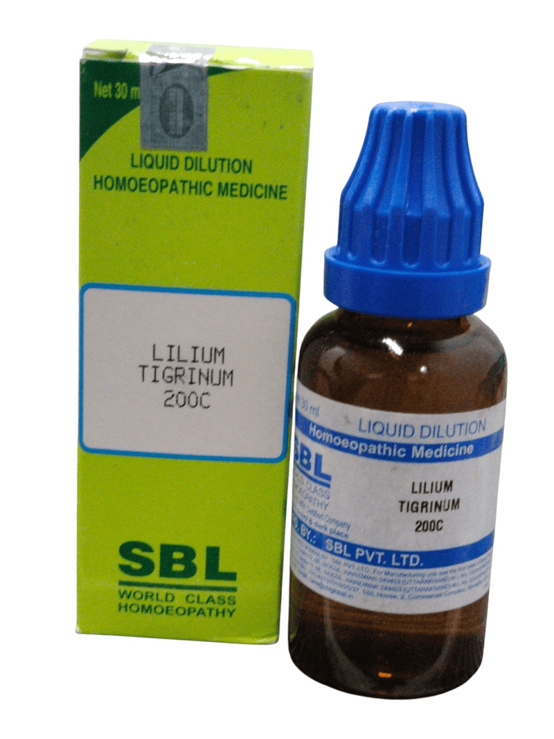 SBL Lilium Tigrinum 200C homeopathic dilution 30ml bottle packaging for female reproductive health.