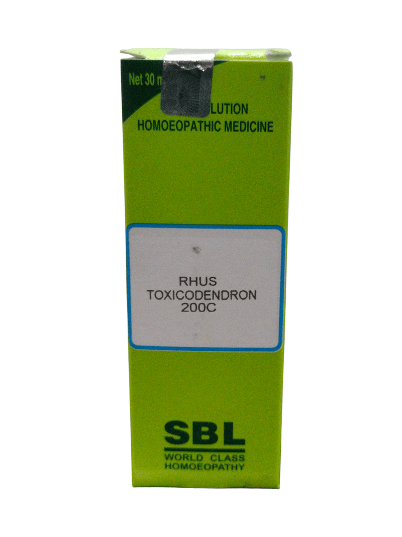 SBL Rhus Toxicodendron 200C homeopathic dilution 30ml bottle, natural remedy for skin and joint ailments.