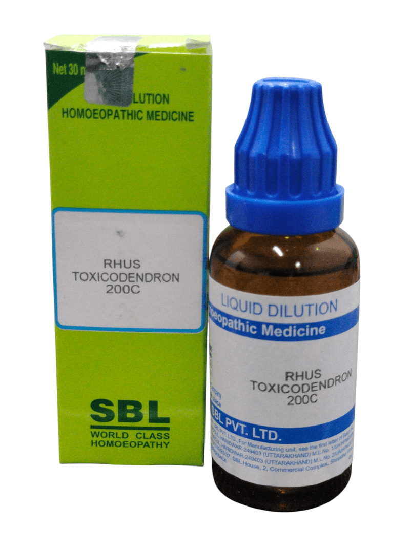 SBL Rhus Toxicodendron 200C homeopathic dilution in 30ml bottle with packaging.