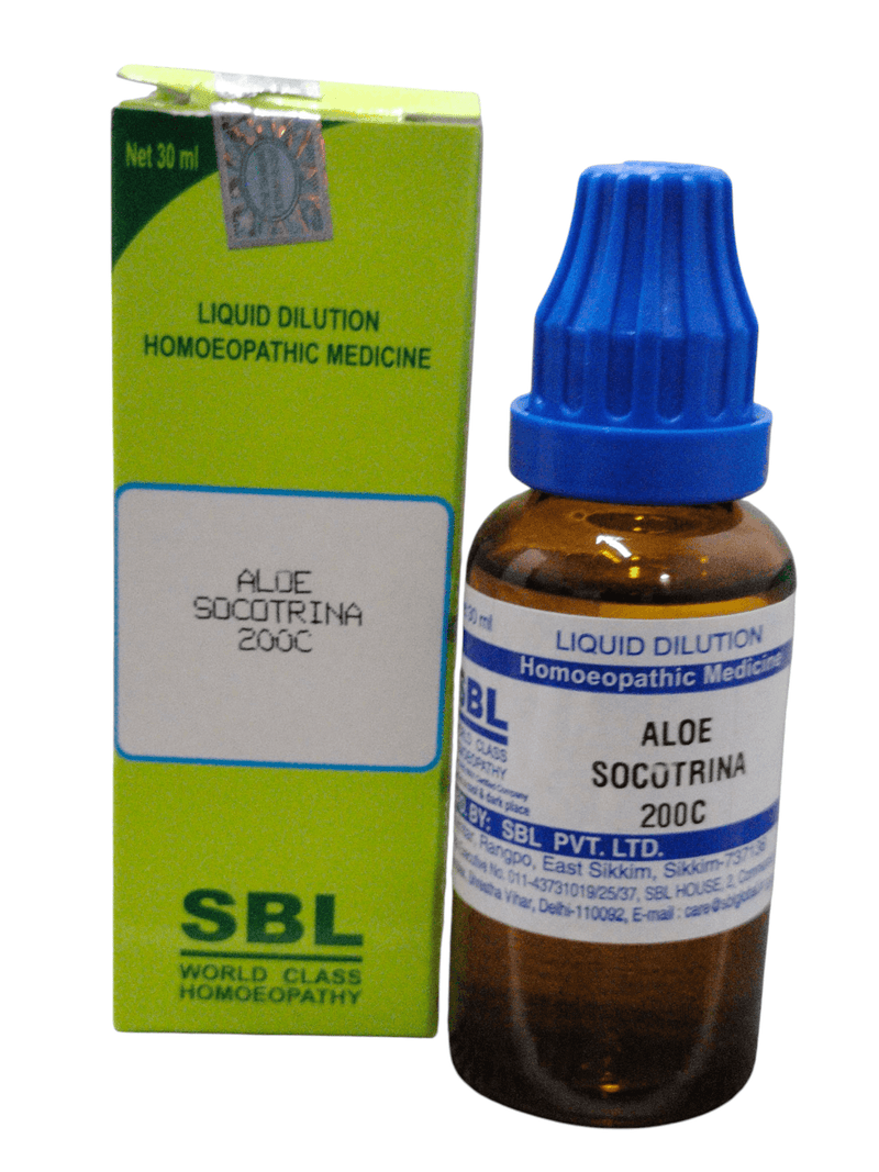SBL Aloe Socotrina 200C homeopathic dilution 30ml bottle and box for digestive health remedies.