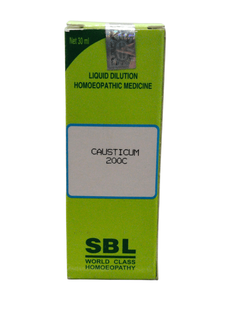 SBL Causticum 200C homeopathic medicine 30ml packaging with green design and labeled contents.