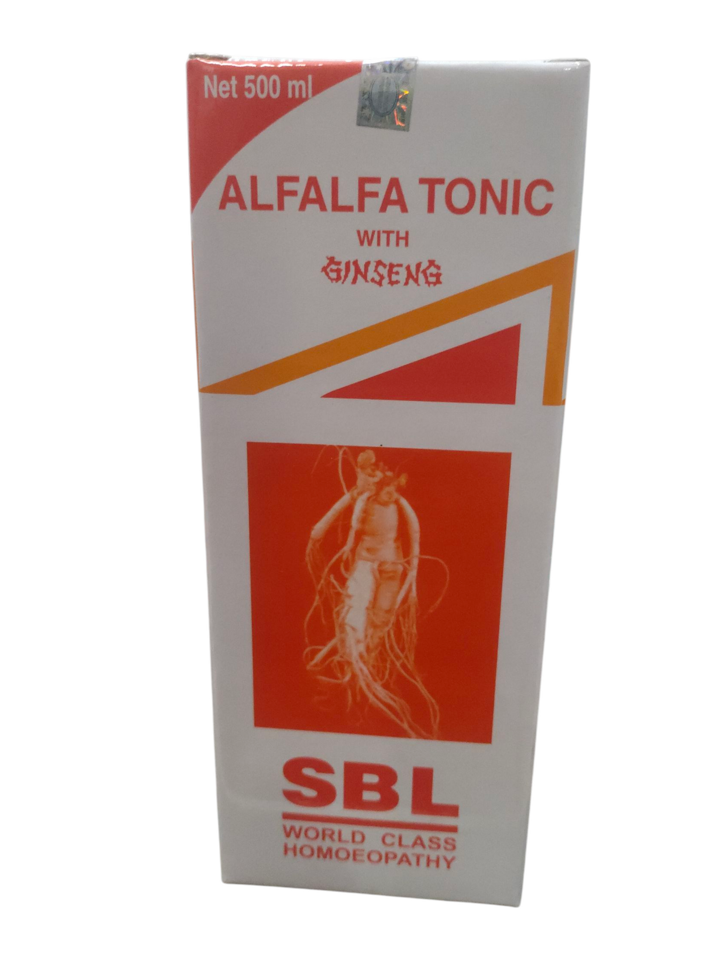 SBL Alfalfa Tonic with Ginseng 500ml packaging for health and vitality benefits in homeopathy.