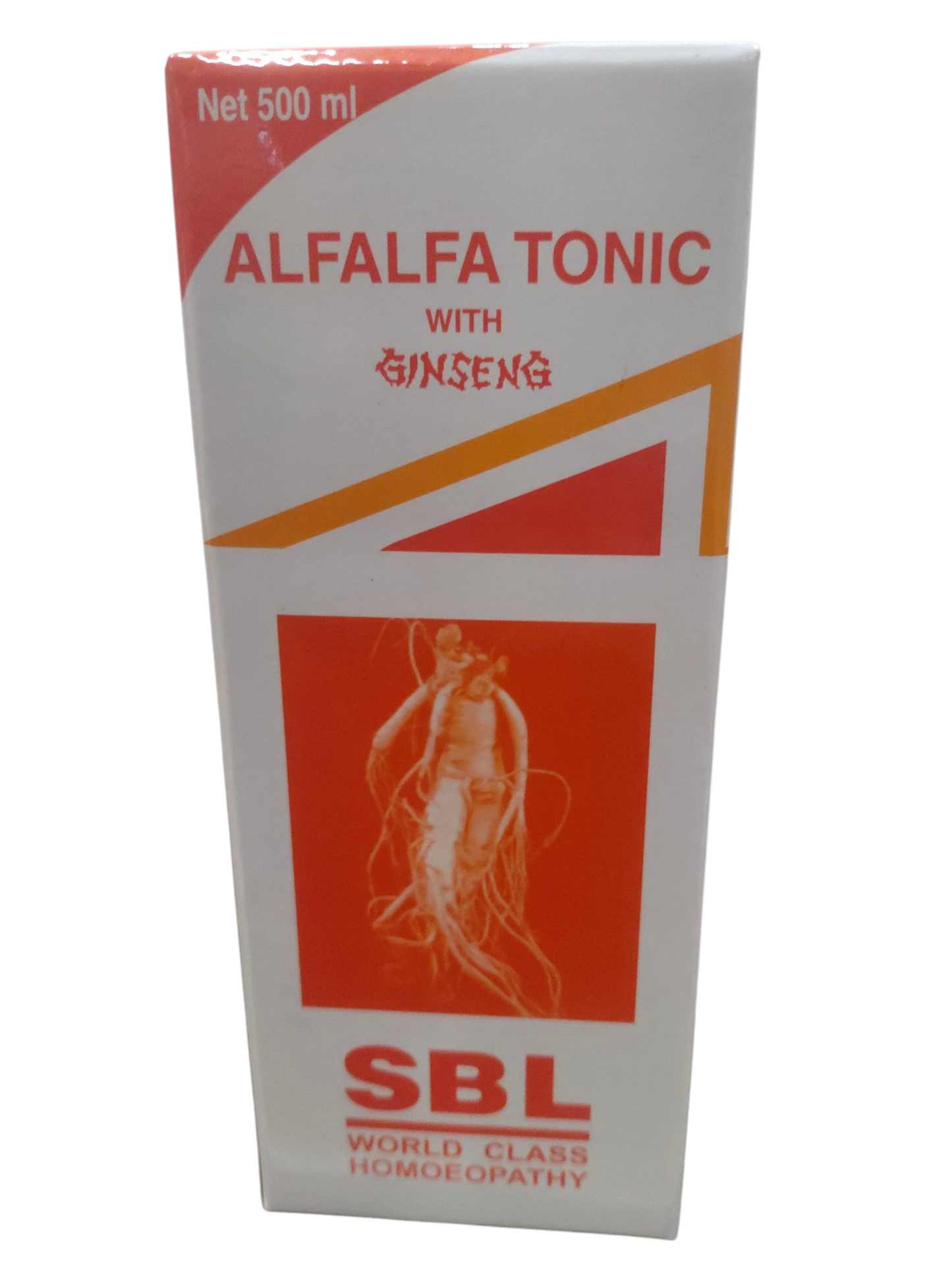 SBL Alfalfa Tonic with Ginseng 500ml box packaging, a homeopathic general health tonic for strength and vitality.