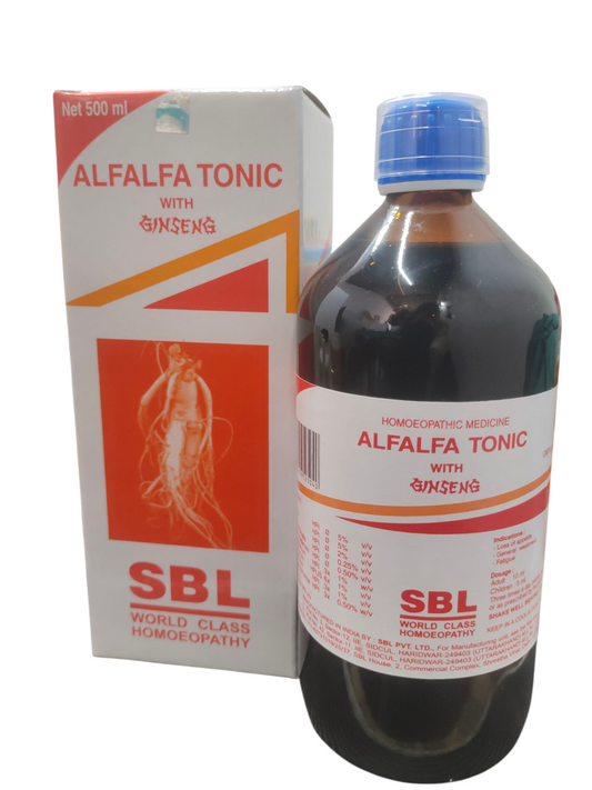 SBL Alfalfa Tonic with Ginseng 500ml bottle and box, a homeopathic general health tonic for vitality and strength.