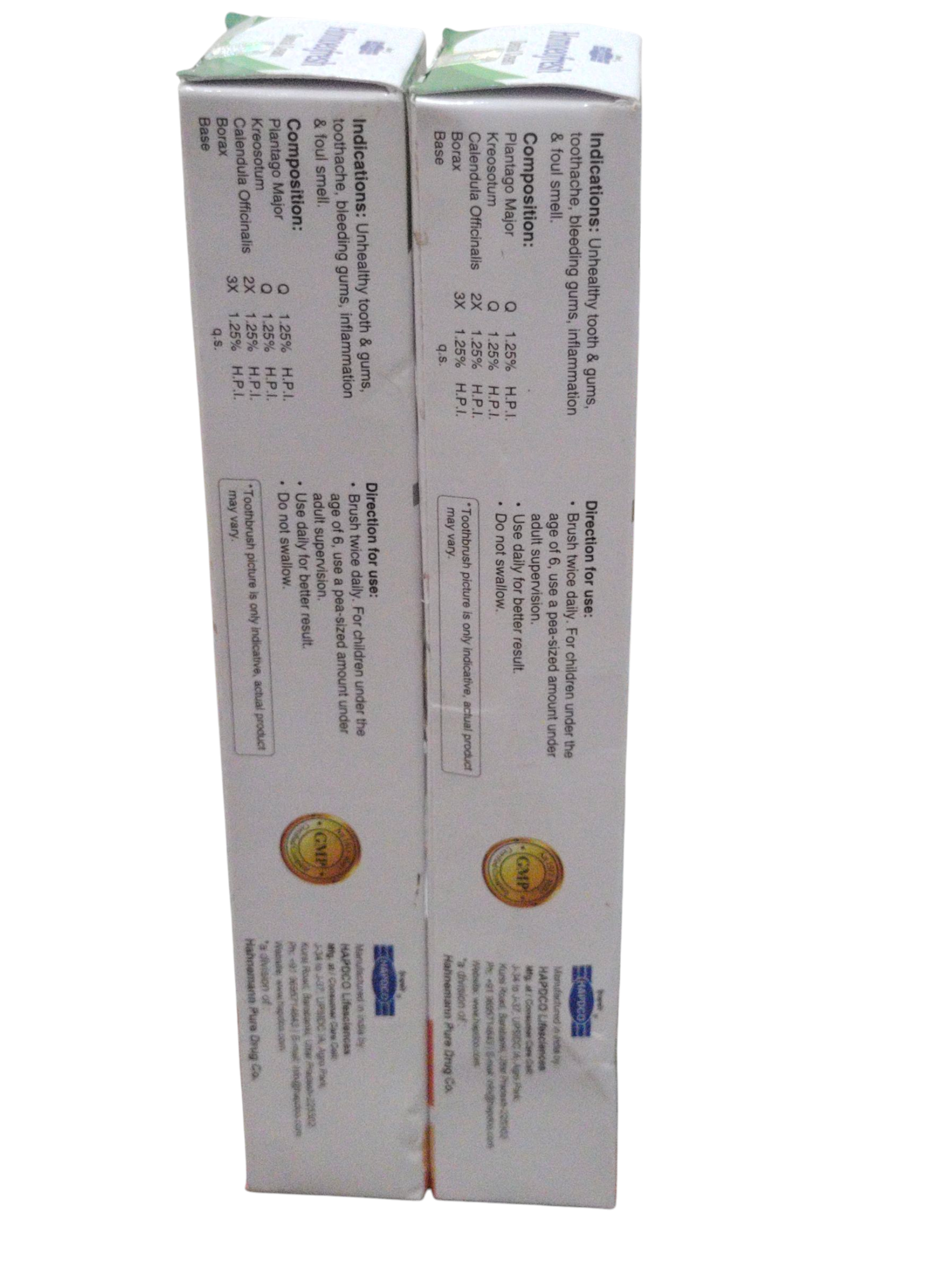 HAPDCO HOMOEOFRESH DENTAL CREAM packaging showing product details and ingredients for strong teeth and healthy gums.