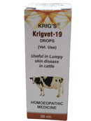 Krig's Krigvet-19 Drops 30ml for treating Lumpy Skin Disease in cattle, homeopathic veterinary medicine box.