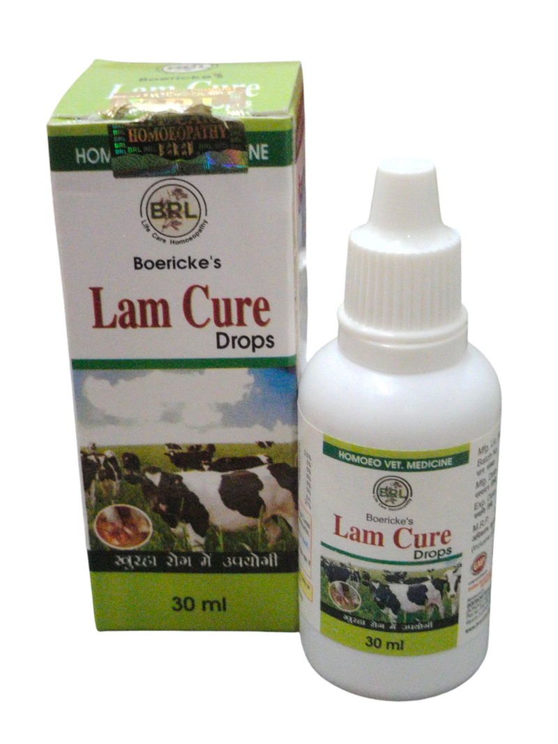 Boericke's Lam Cure Drops 30ml with packaging, a homeopathic remedy for animal joint and muscular health.