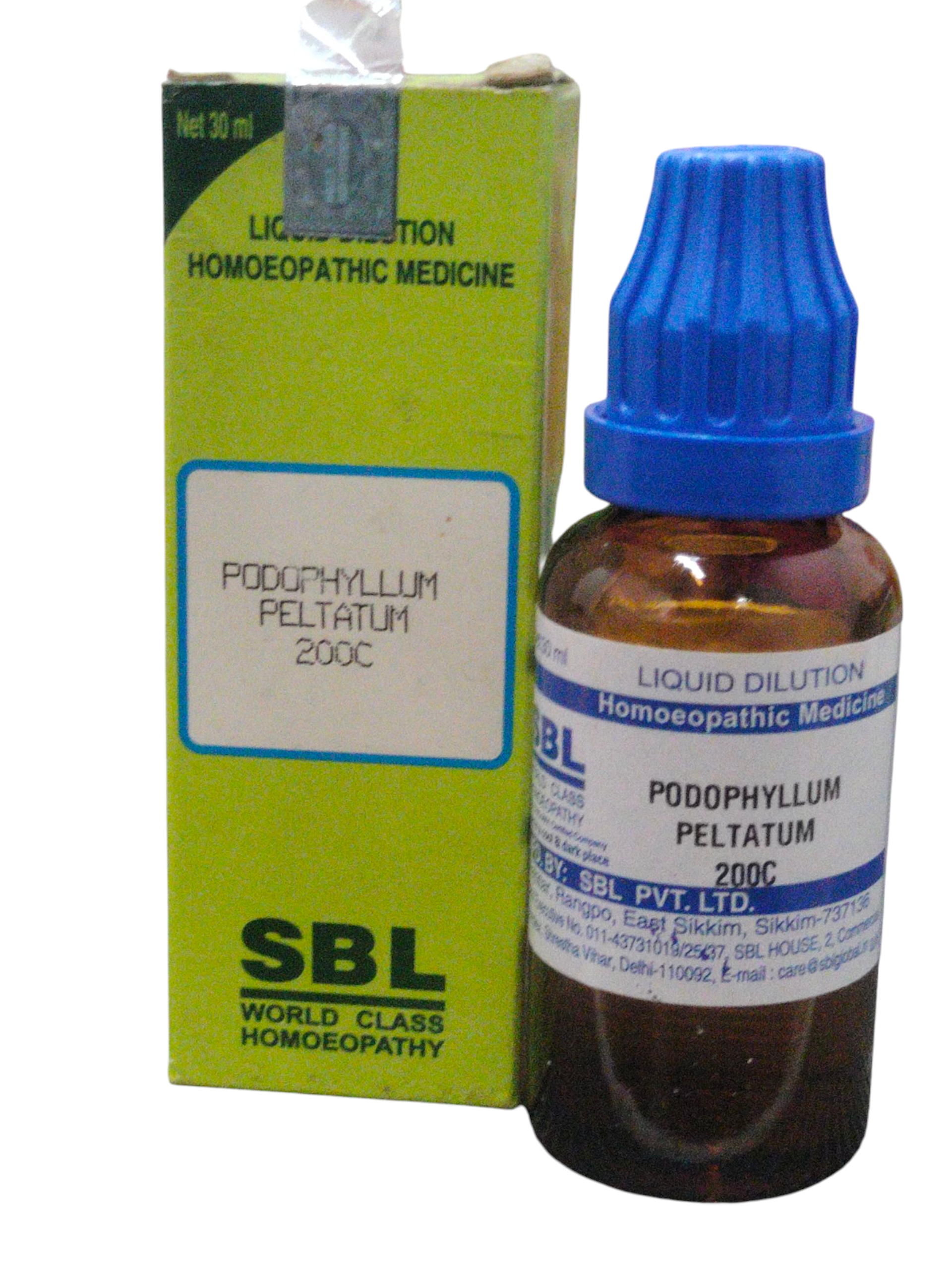 SBL Podophyllum Peltatum 200C homeopathic dilution 30ml bottle and packaging.