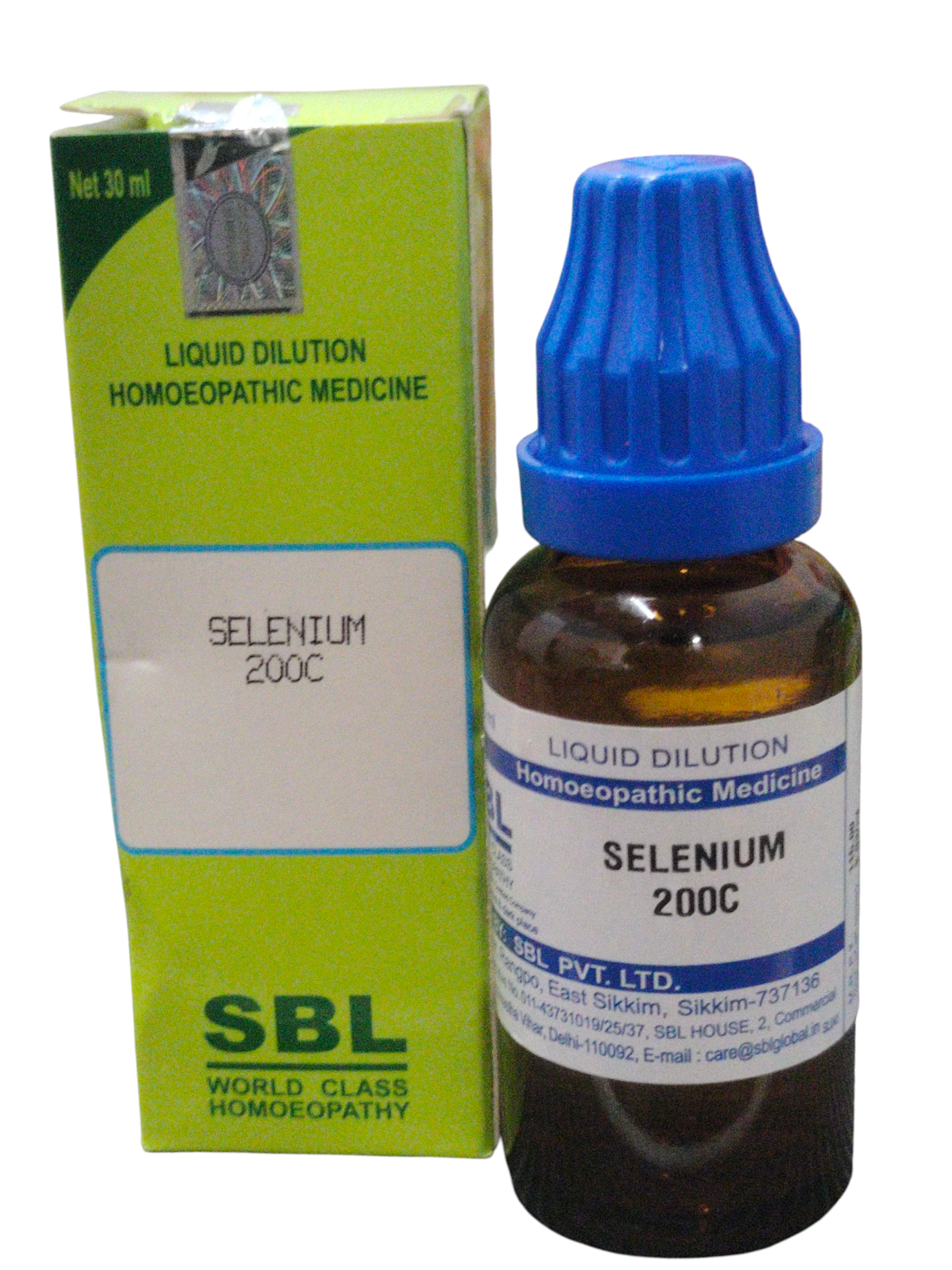 SBL Selenium 200C homeopathic dilution 30ml with green box packaging for health and wellness benefits.