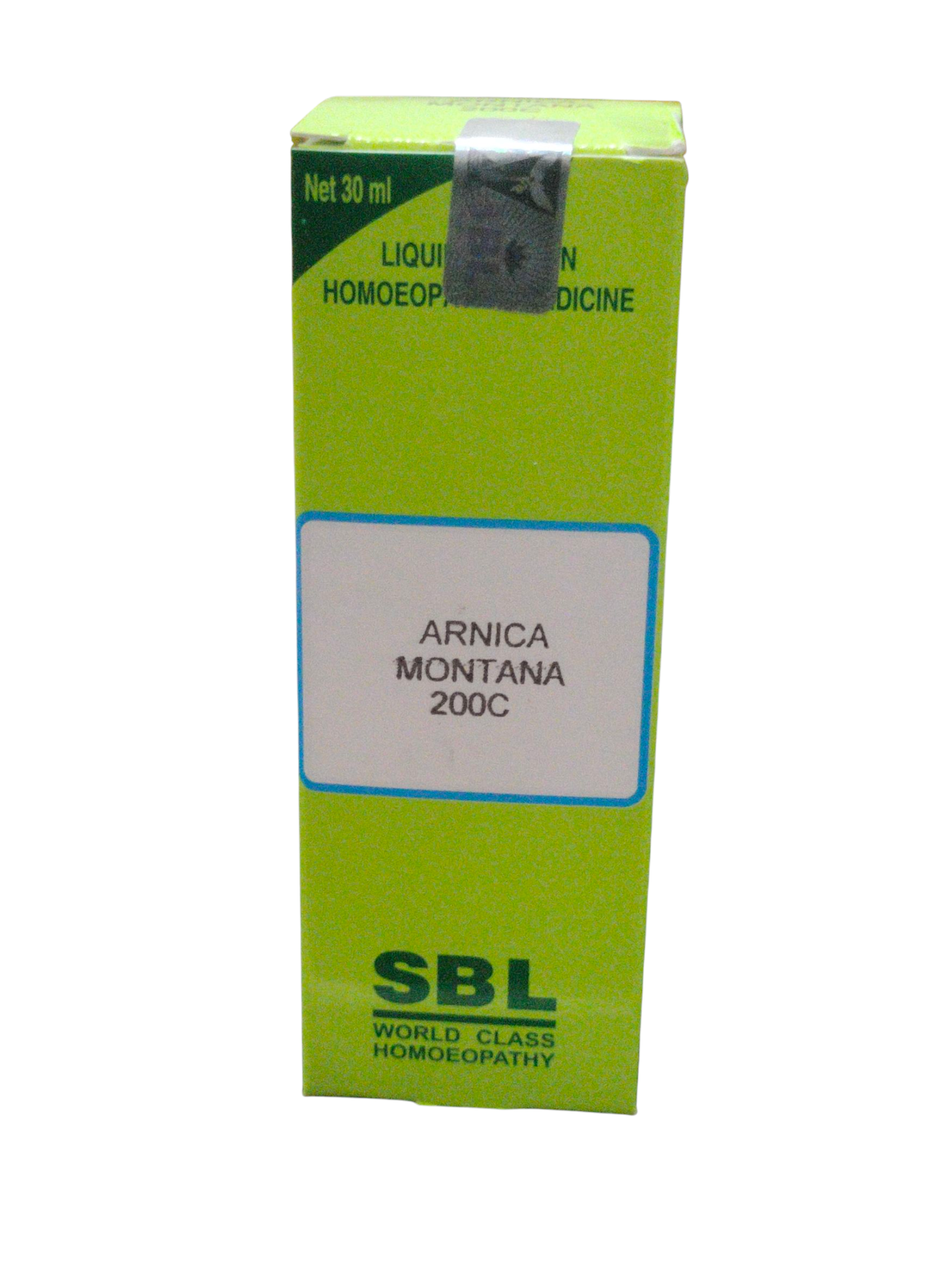 SBL Arnica Montana 200C homeopathic medicine 30ml packaging for muscle pain and injury relief.