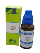 SBL Arnica Montana 200C homeopathic medicine 30ml bottle and box for injuries and muscle pain relief.