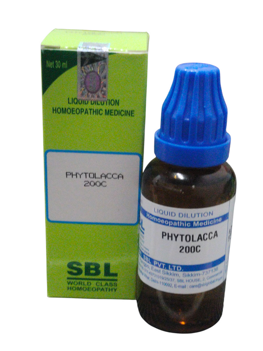 SBL Phytolacca 200C homeopathic dilution, 30ml bottle and packaging, known for relieving throat and joint pain.